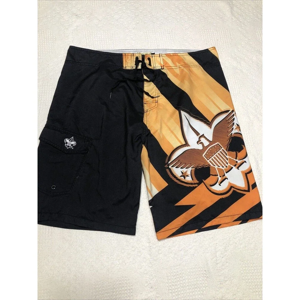 Boy Scouts Of America Board Shorts Mens Sz L Black Orange Swim Trunks Unlined
